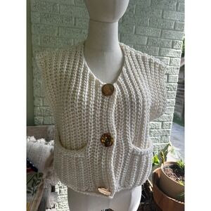 Fashion Ivory Chunky Knit Button Up Sweater Vest Cream Sleeveless Cardigan Small